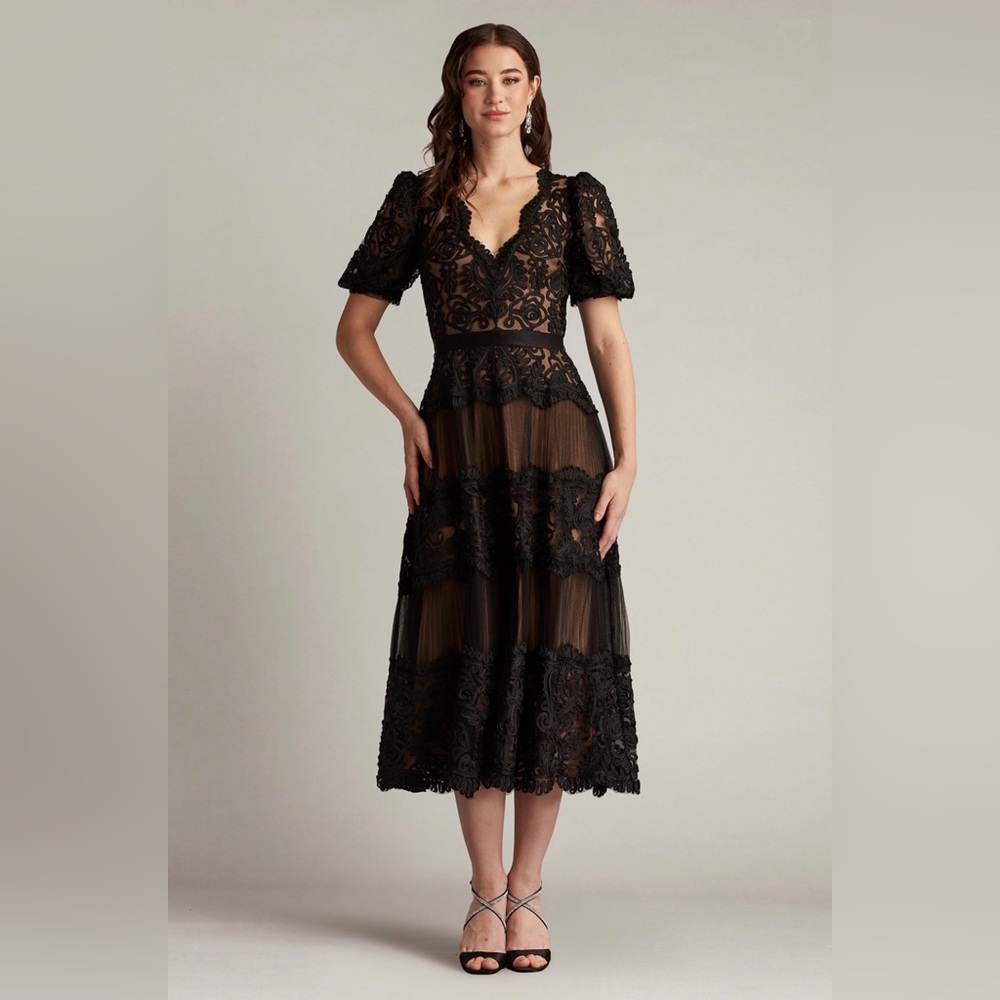 Tadashi Shoji Belline Embroidered Chiffon Black Lace Midi Dress NWT
